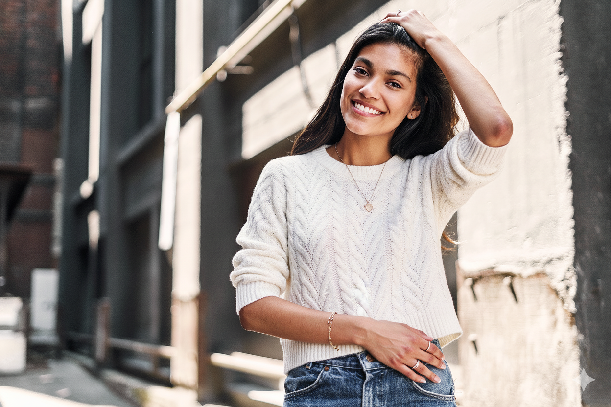 Woman wearing a white sweater protected by Armpit Sock